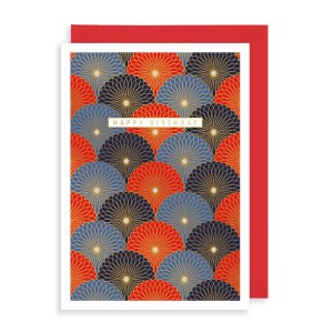 Поздравителна картичка за рожден ден - Сини и червени ветрила в златно